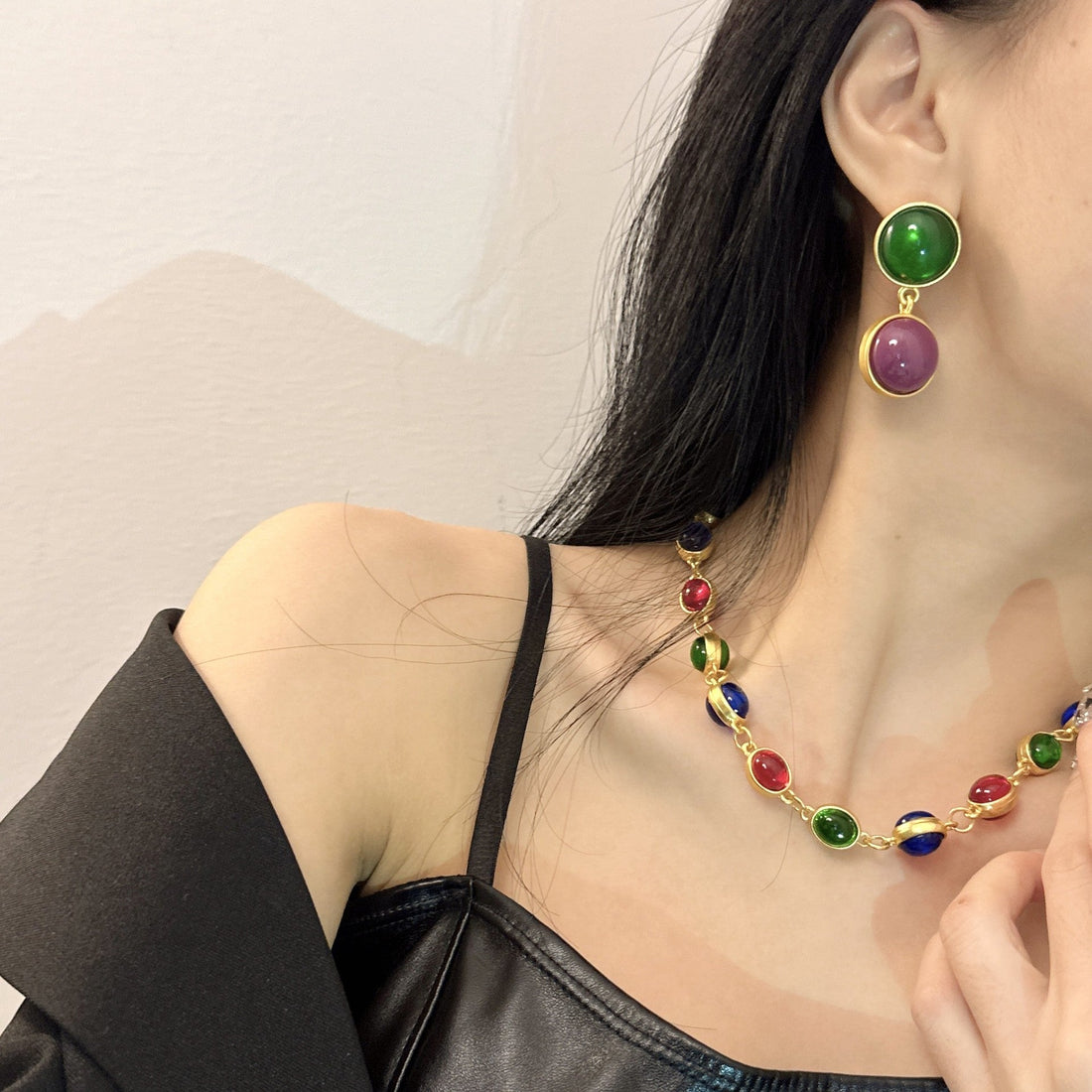 Double Round Ball Colorful Middle-ancient Heavy Industry Earrings Vintage Colored Glaze Niche Necklace - Norellé