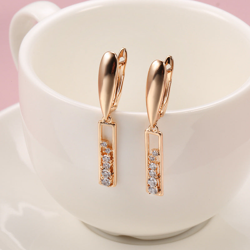 Copper Plated Gold Zircon Earrings Women's Fashionable Rose Gold Rectangular - Norellé