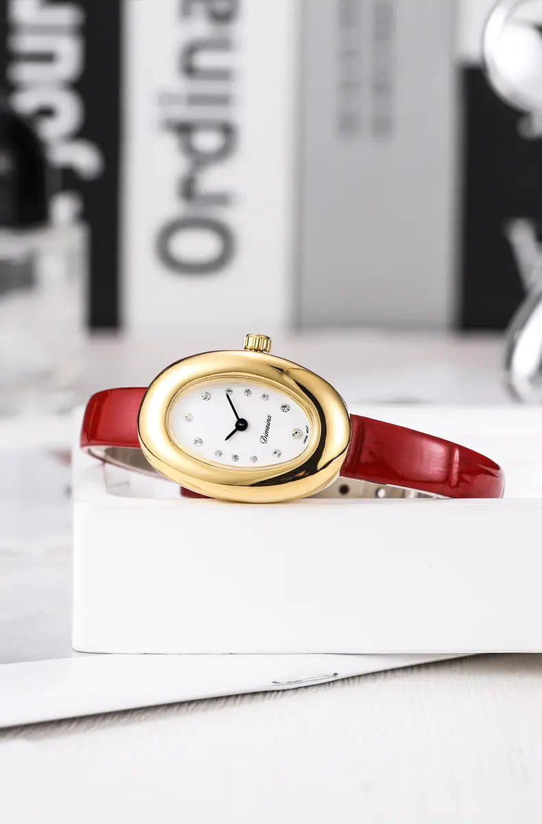 Women Quartz Watch Roman Numerals Vintage Simple Oval Clock Stainless Steel