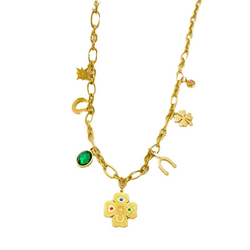 Titanium Steel Necklace Female Ginkgo Leaf Letters Emerald Zircon - Norellé