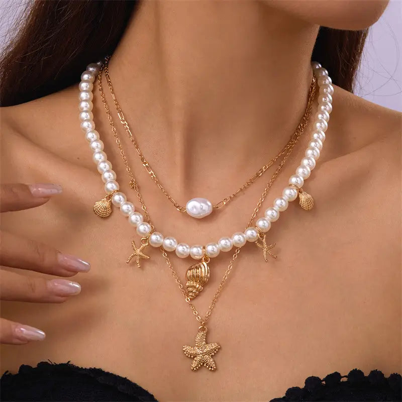 Summer Retro Vacation Style Beach Shell Artificial Pearl Conch Multi-layer Women’s Necklace