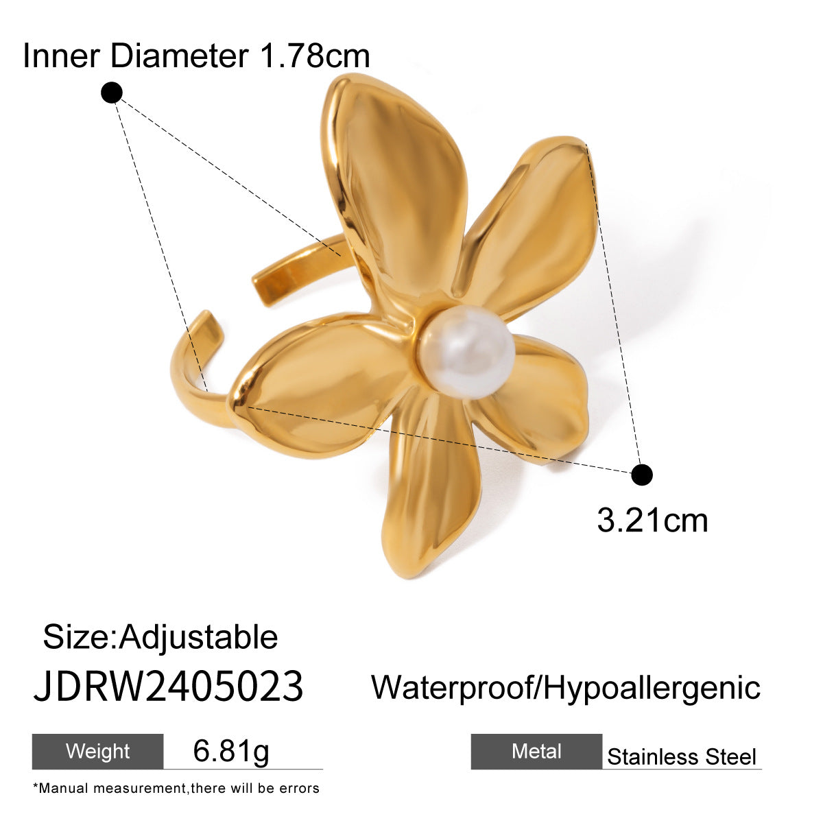 Stainless Steel Flower Pearl Ring Exaggerated High Sense - Norellé