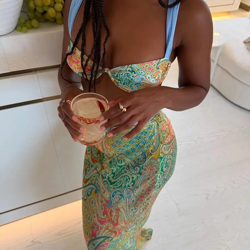 Women’s Printing Color Contrast Lace-up Three-piece Set