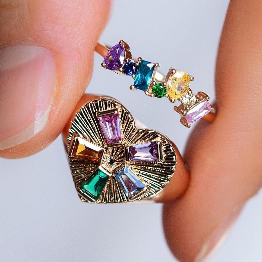 Colorful Crystals Oil Drop Peach Heart Crystal Ring - Norellé