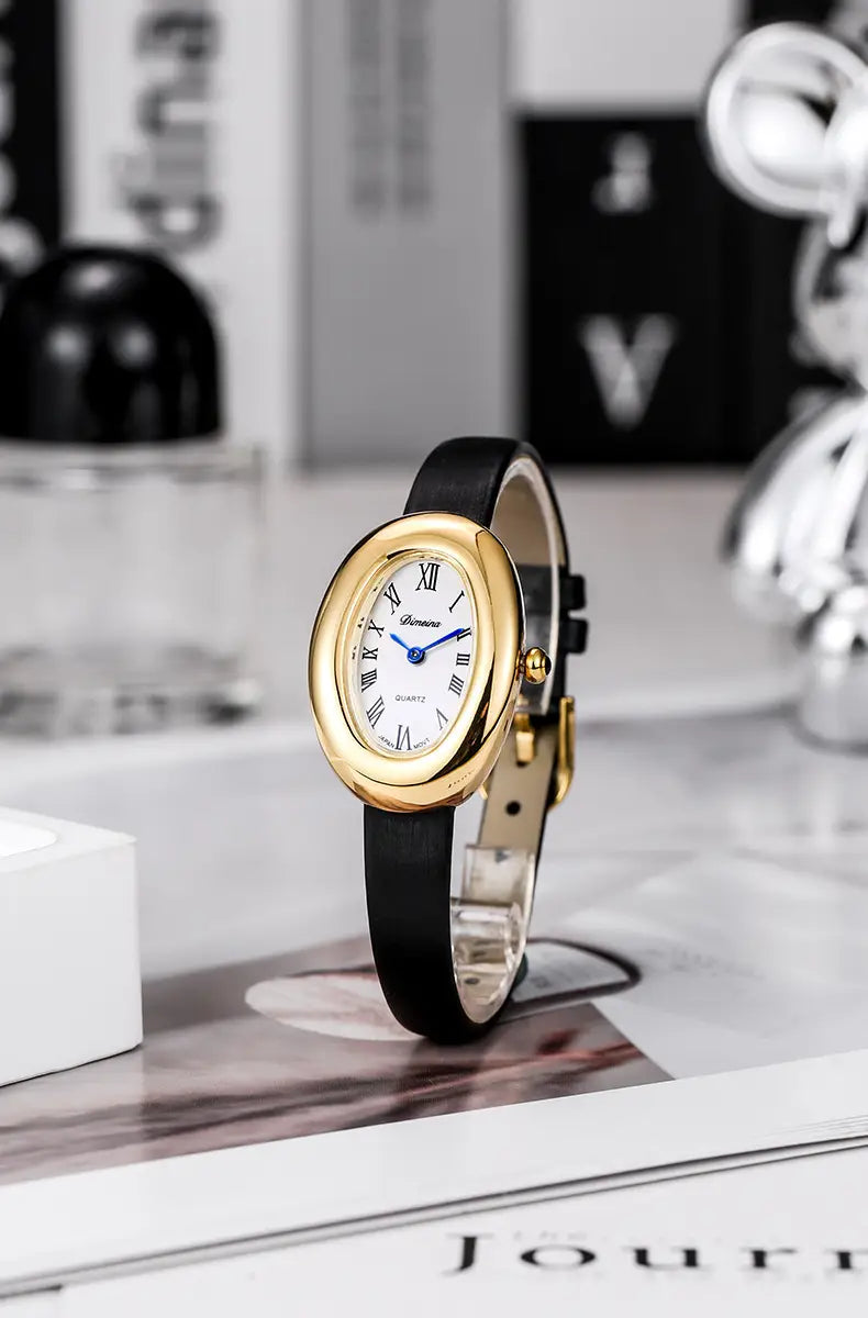 Women Quartz Watch Roman Numerals Vintage Simple Oval Clock Stainless Steel