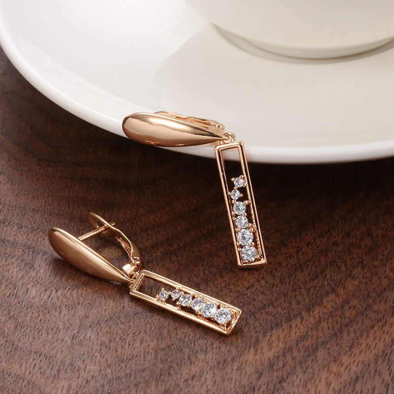 Copper Plated Gold Zircon Earrings Women's Fashionable Rose Gold Rectangular - Norellé
