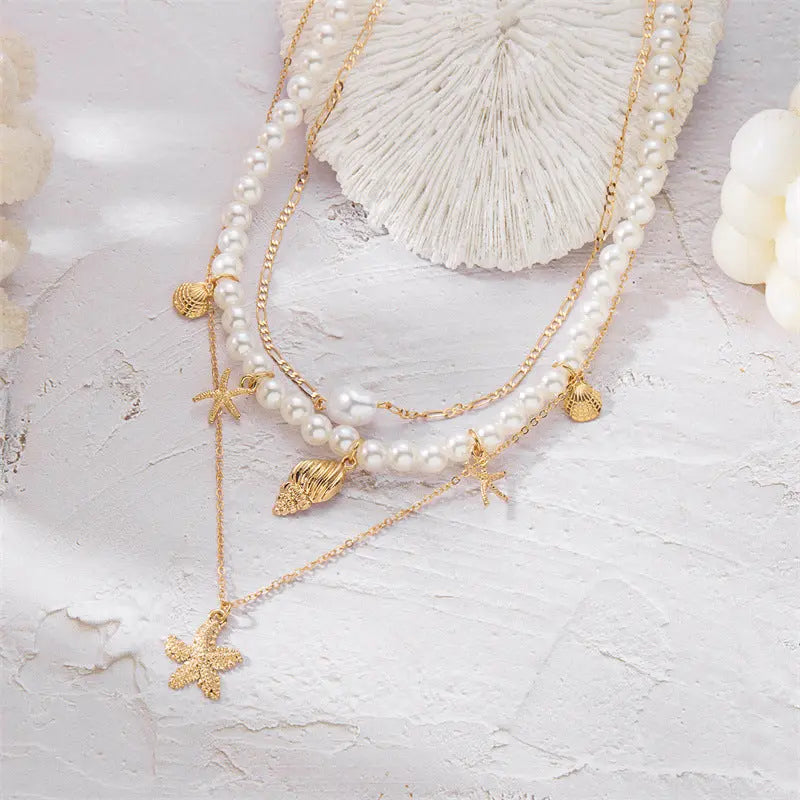 Summer Retro Vacation Style Beach Shell Artificial Pearl Conch Multi-layer Women's Necklace - Norellé