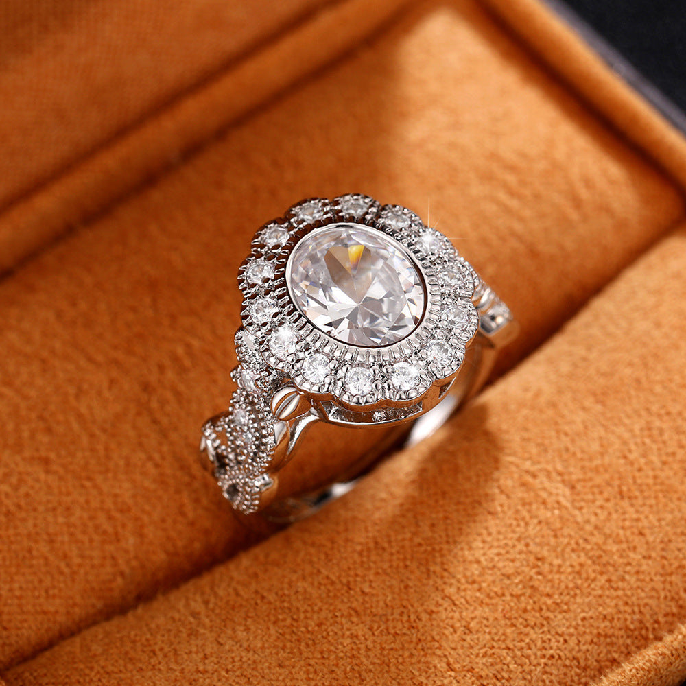 Full Diamond Copper Plating Round Diamond Zircon Ring Female European And American Luxury - Norellé