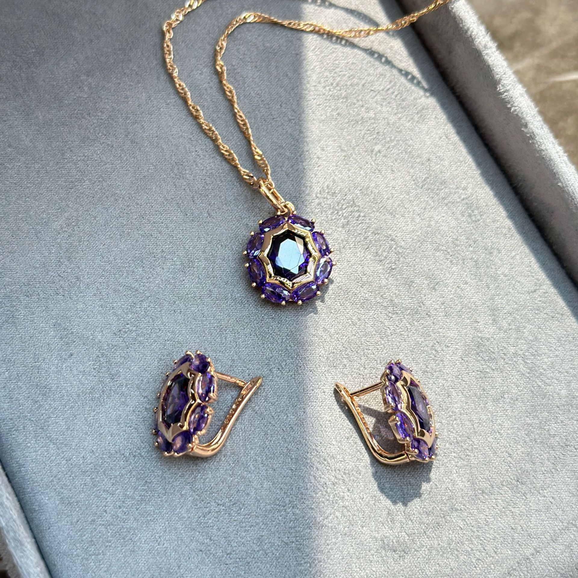 Gulkina Purple Gold Ring Earrings Necklace Amethyst Ornament Suit - Norellé