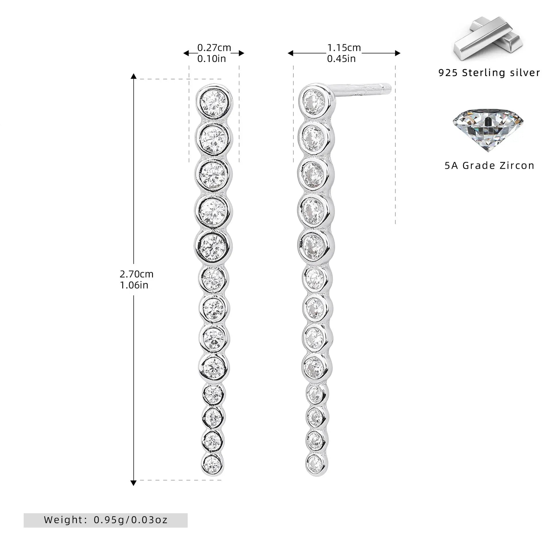 Fashion S925 Sterling Silver Zircon Stick Earrings - Norellé