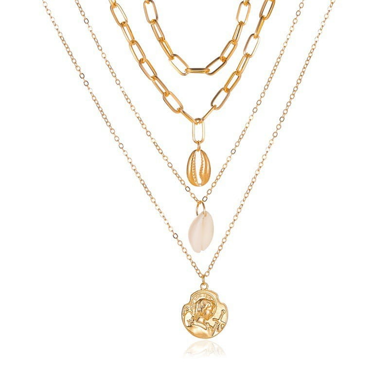 Women’s All-match Simple Shell Pendant Hollow Portrait Multi-layer Necklace