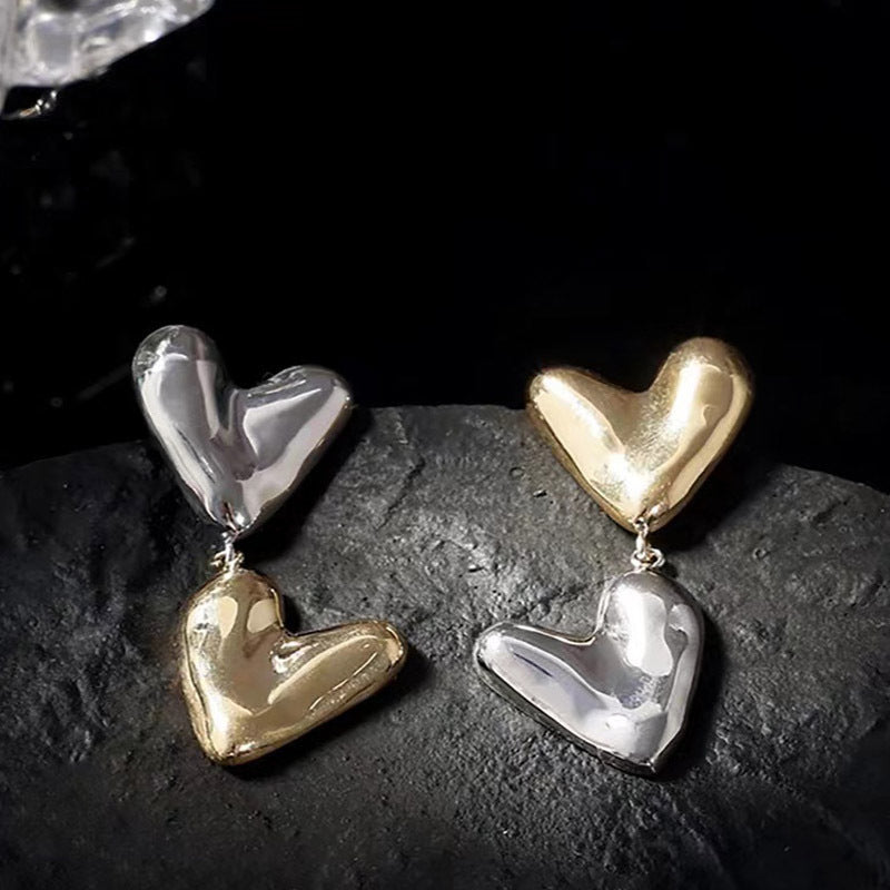 Gold And Silver Stitching Two-tone Love Heart Earrings - Norellé