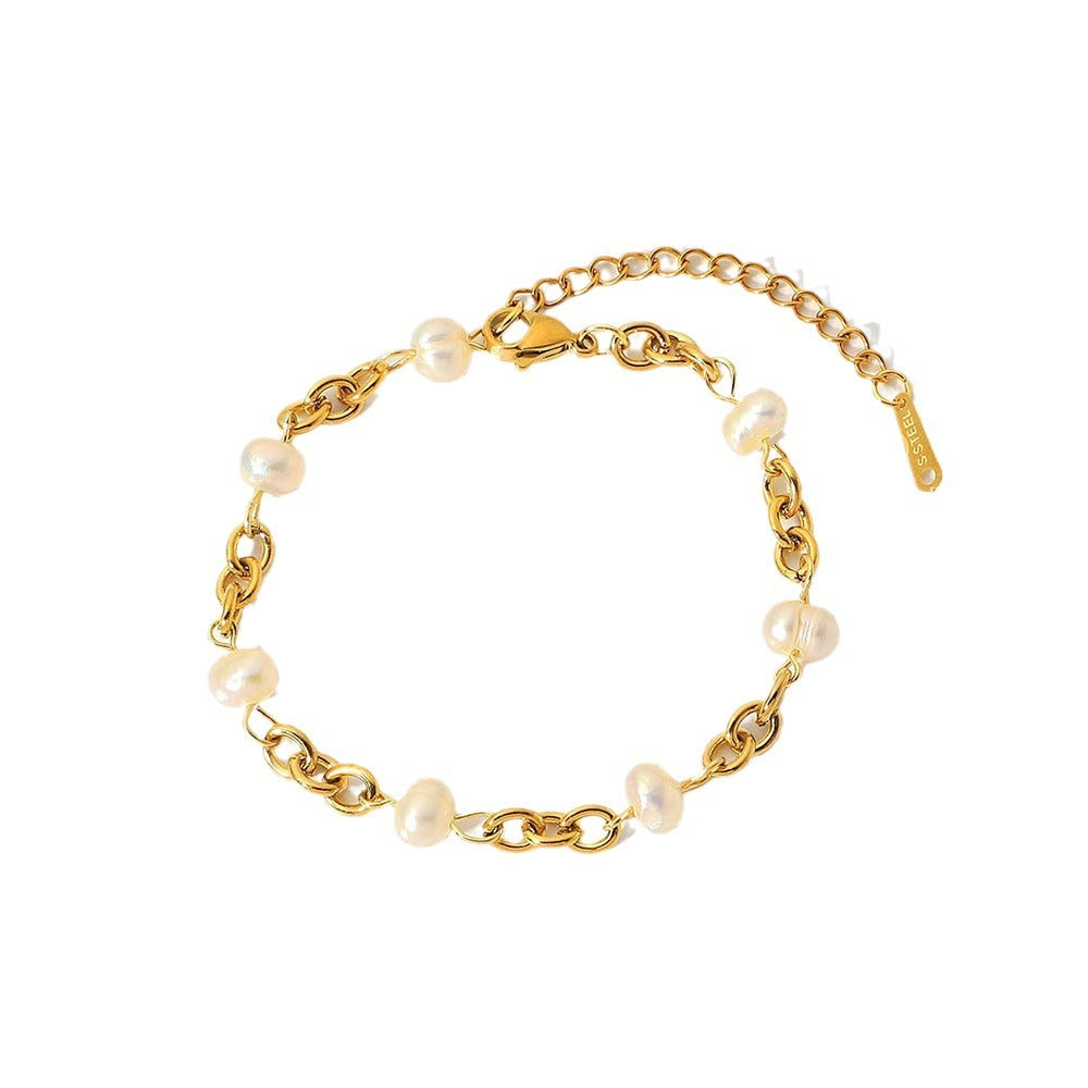 K Gold Stainless Steel Bracelet 6  Water Pearl Chain - Norellé
