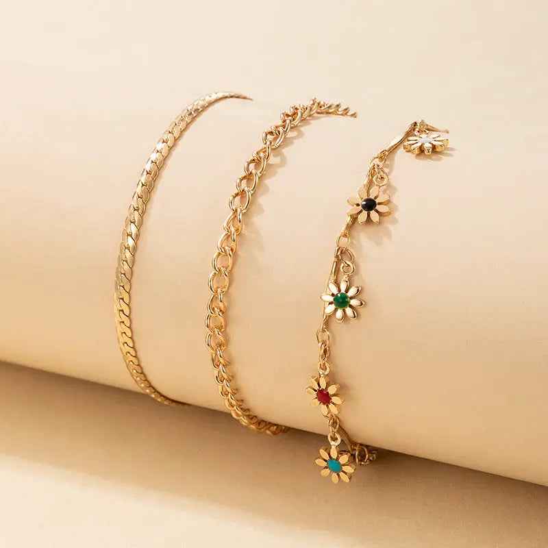 Simple Metal Flower Colorful Rose Pendant Tassel Anklet - Norellé