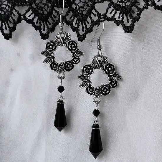 Gothic Rose Black Crystal Pendant Earrings Retro Fashion - Norellé