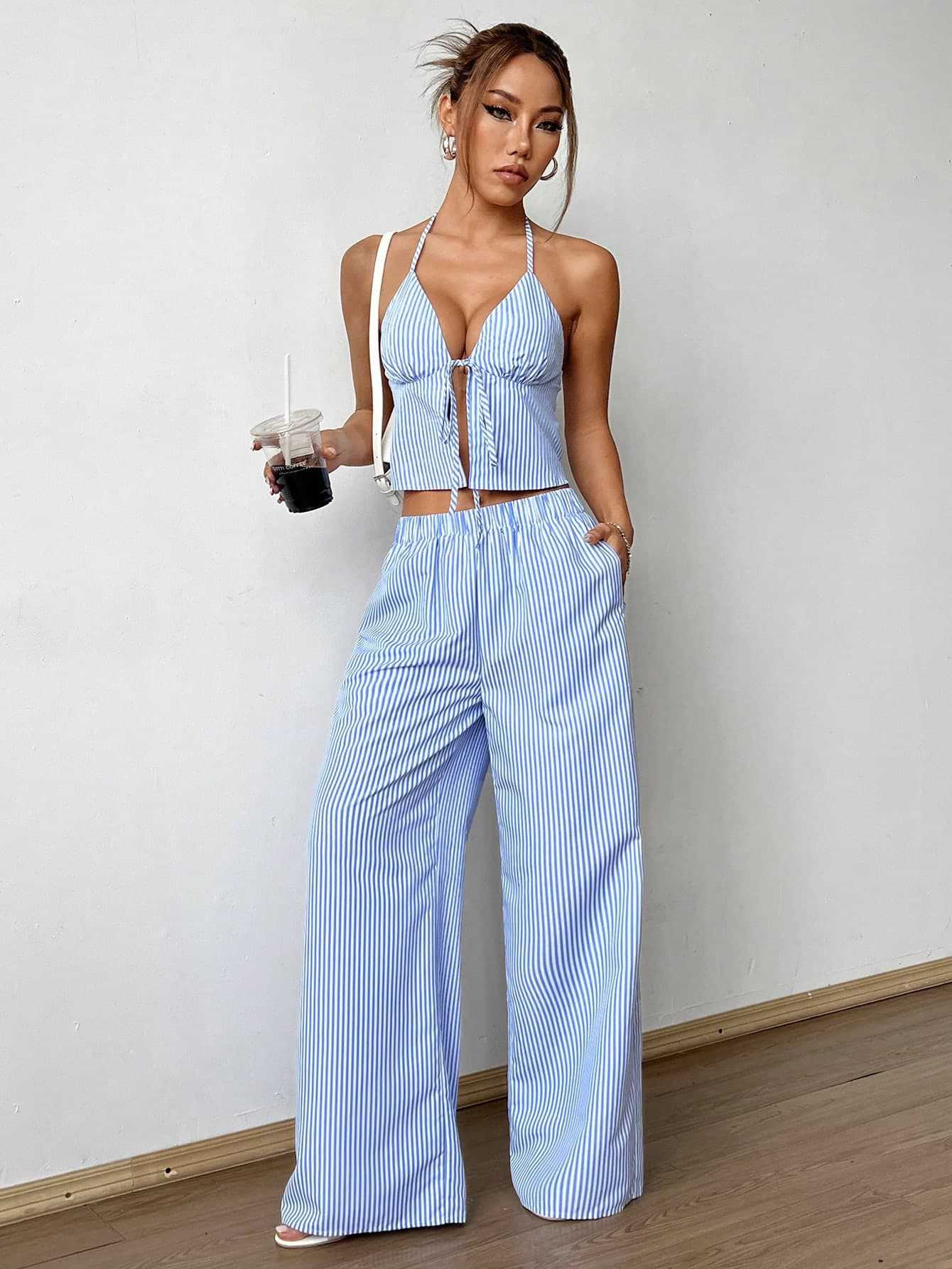 Summer Stripes Vest Plus Stretchy Straight-leg Pants Casual Two-piece Suit - Norellé