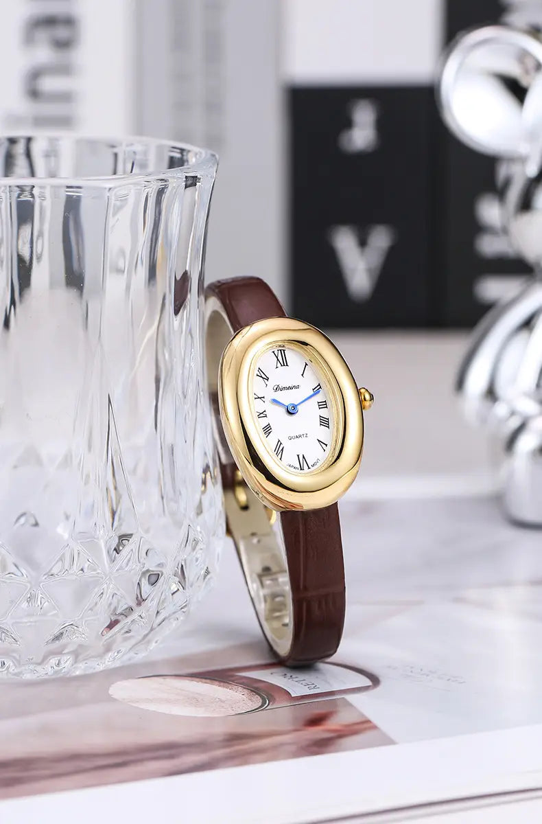 Women Quartz Watch Roman Numerals Vintage Simple Oval Clock Stainless Steel