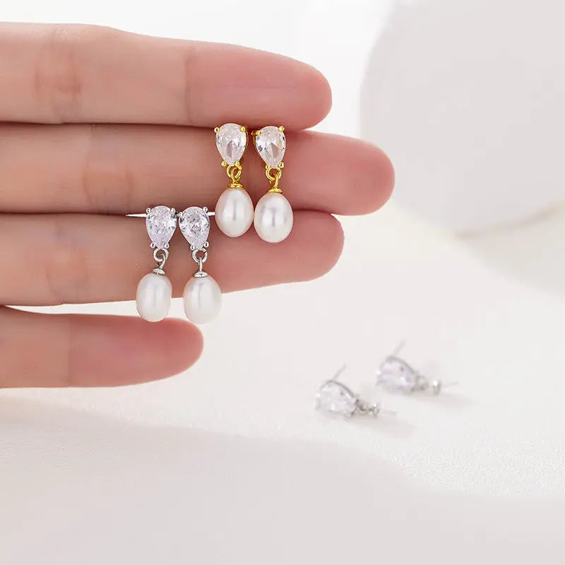 Freshwater Pearl Water Drop Pear-shaped Zircon Earrings - Norellé