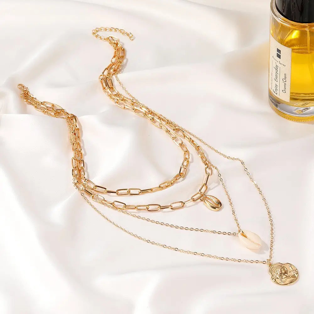 Women’s All-match Simple Shell Pendant Hollow Portrait Multi-layer Necklace