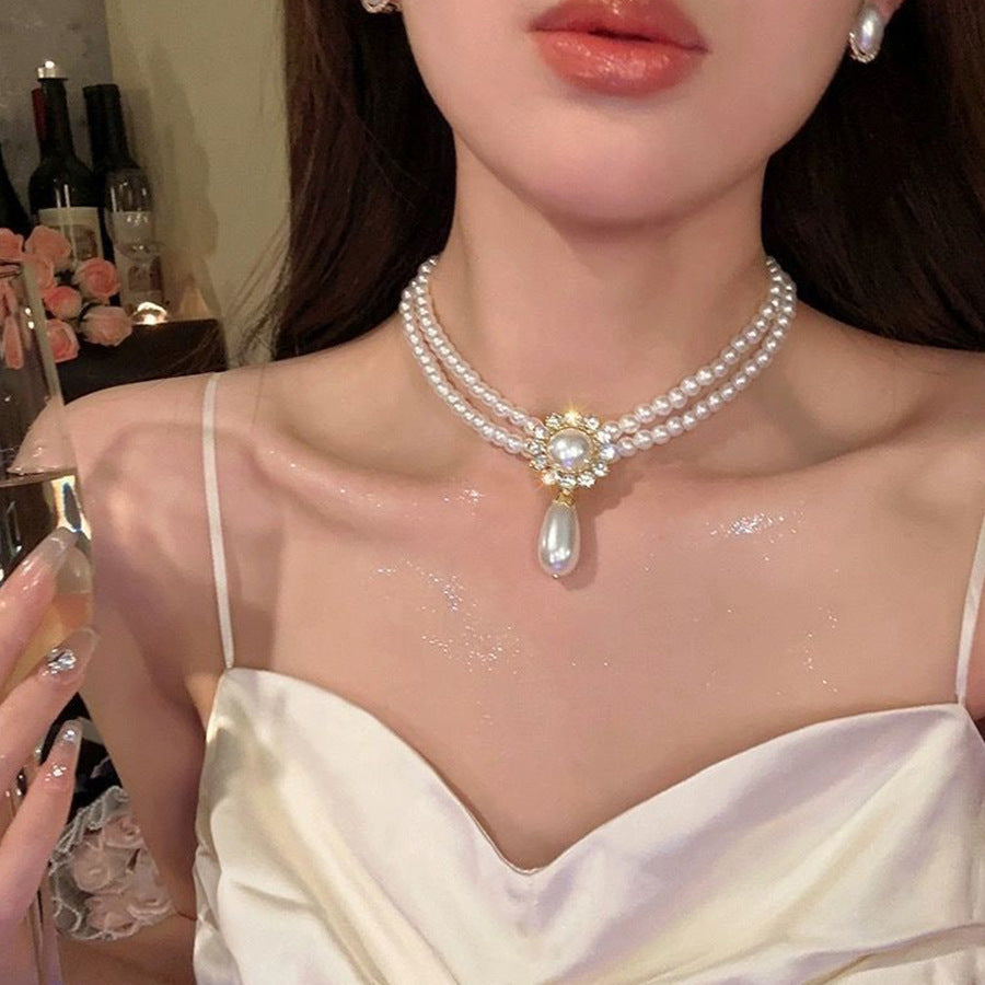 New Rhinestone Pearl Tassel Double-layer Necklace - Norellé