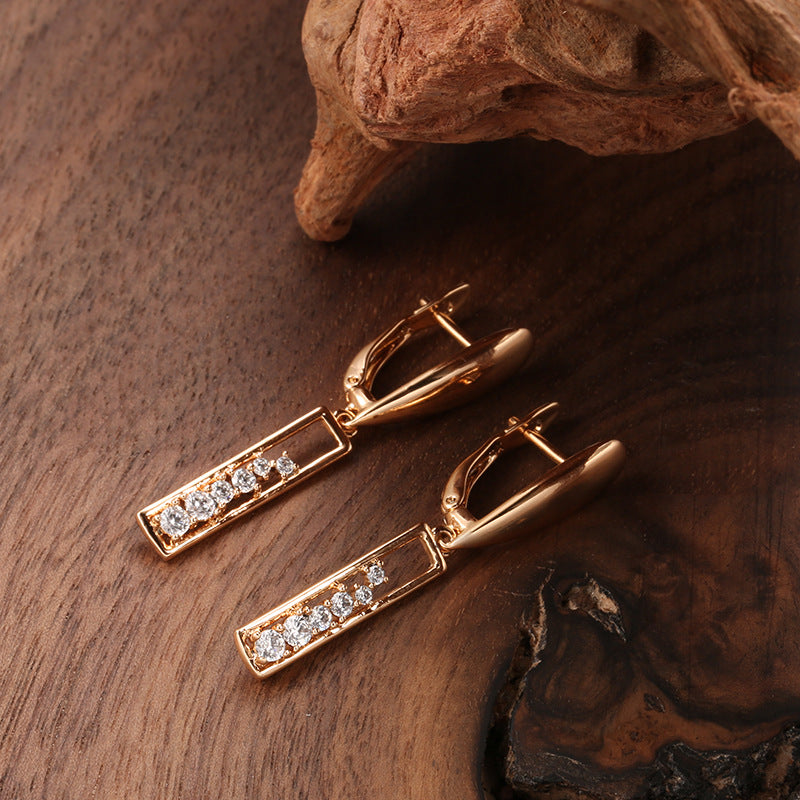 Copper Plated Gold Zircon Earrings Women's Fashionable Rose Gold Rectangular - Norellé