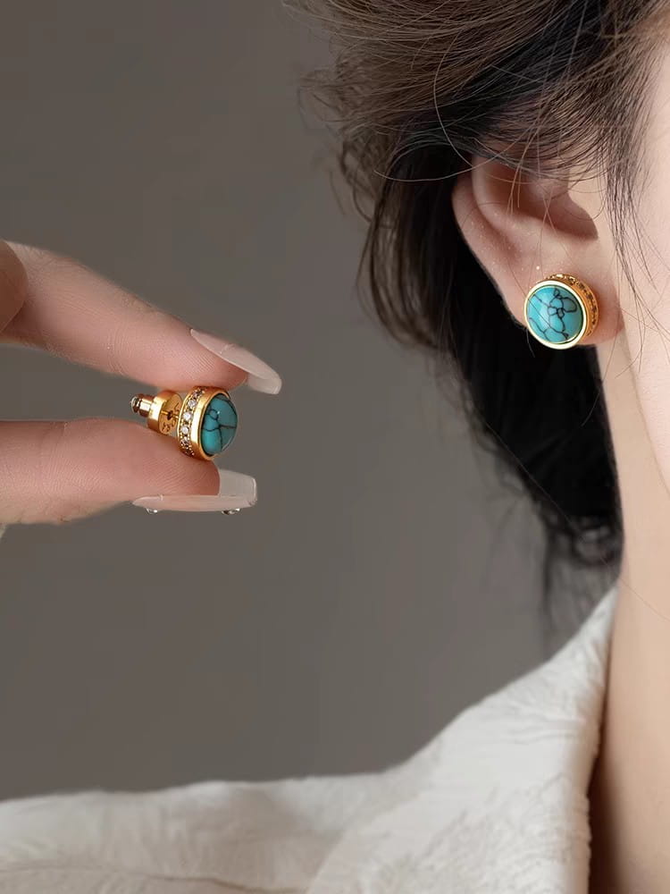 Natural Stone Stud Earrings Round Diamond Gold-plated