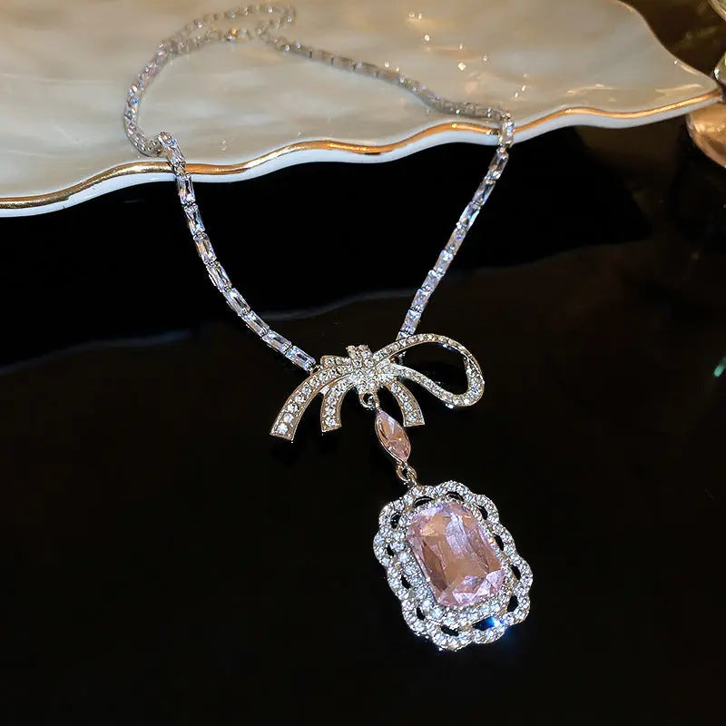 Rhinestone Zircon Square Bow Necklace And Earrings Suite - Norellé
