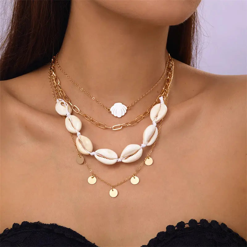 Summer Retro Vacation Style Beach Shell Artificial Pearl Conch Multi-layer Women’s Necklace
