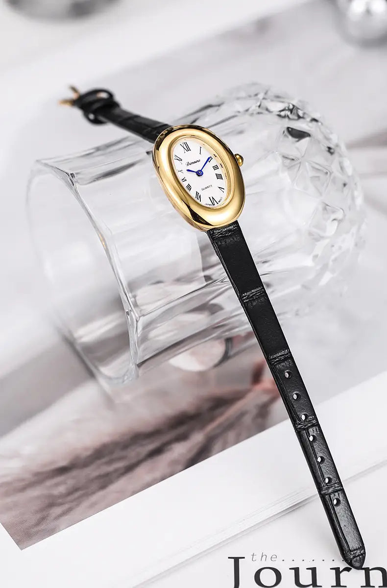 Women Quartz Watch Roman Numerals Vintage Simple Oval Clock Stainless Steel