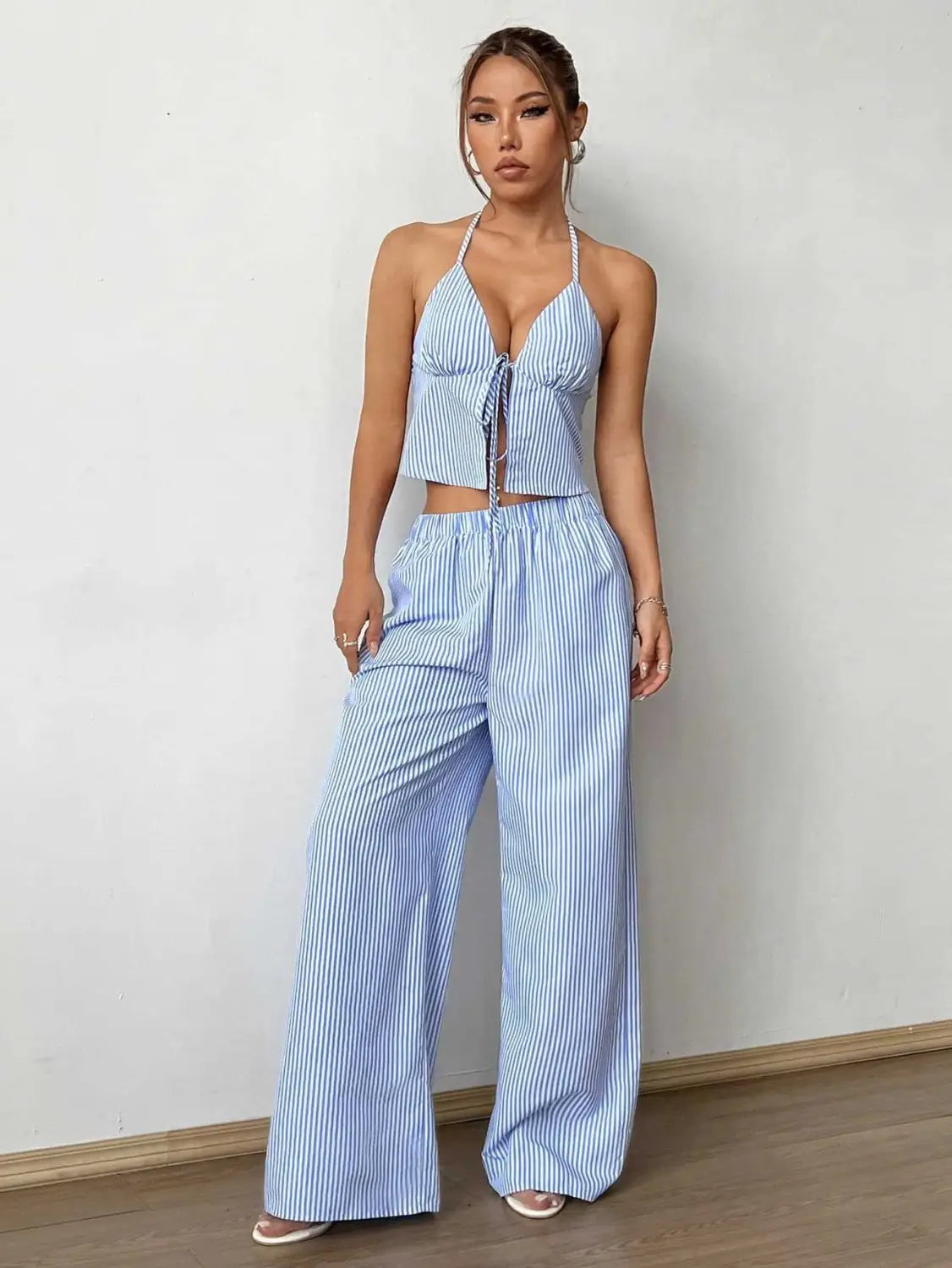 Summer Stripes Vest Plus Stretchy Straight-leg Pants Casual Two-piece Suit