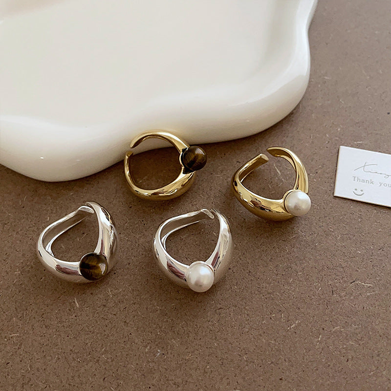 Irregular Metal Pearl Tigereye Open Ring For Women - Norellé