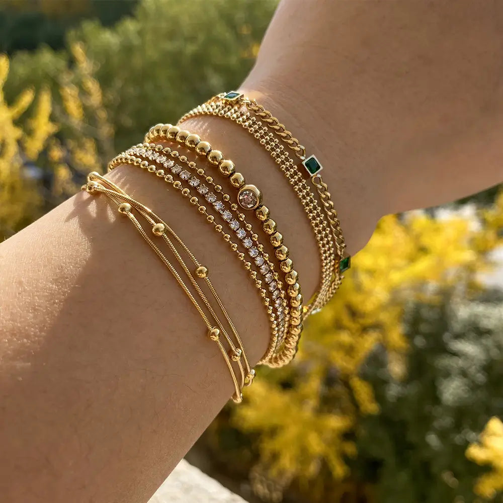 Stainless Steel Electroplated Small Golden Beads Multi-layer Twin Bracelet