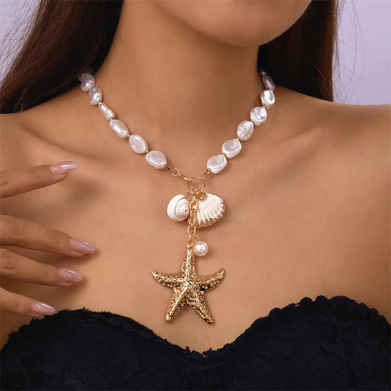 Summer Retro Vacation Style Beach Shell Artificial Pearl Conch Multi-layer Women’s Necklace