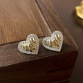 Fashion Pleated Heart-shaped Zircon Silver Pin Earrings Geometric Advanced - Norellé