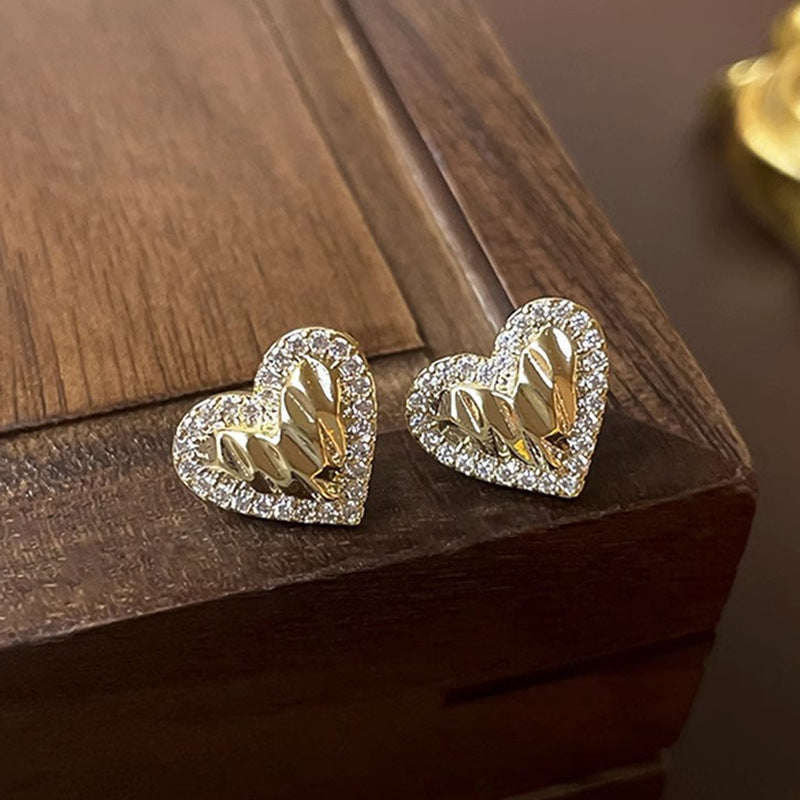Fashion Pleated Heart-shaped Zircon Silver Pin Earrings Geometric Advanced - Norellé
