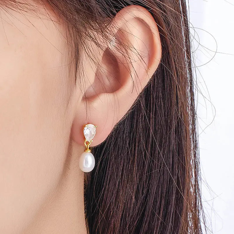 Freshwater Pearl Water Drop Pear-shaped Zircon Earrings - Norellé
