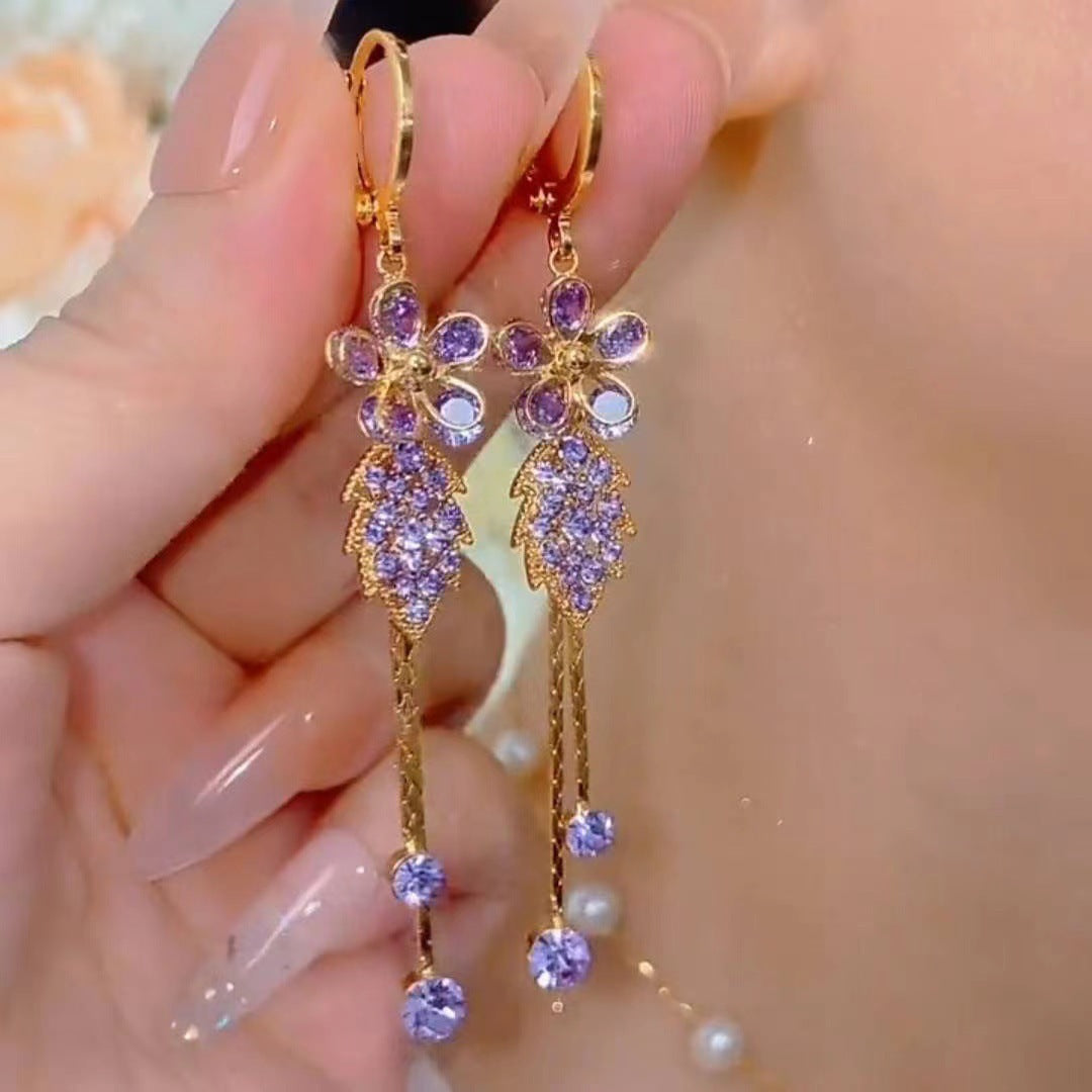 New Purple Delicate Flower Leaf Tassel Earrings - Norellé