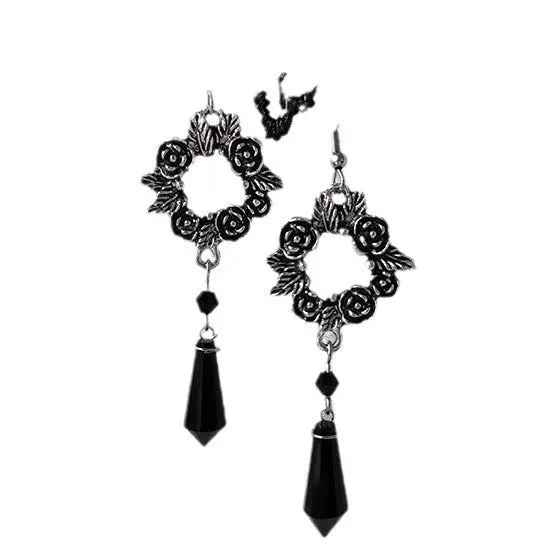 Gothic Rose Black Crystal Pendant Earrings Retro Fashion - Norellé