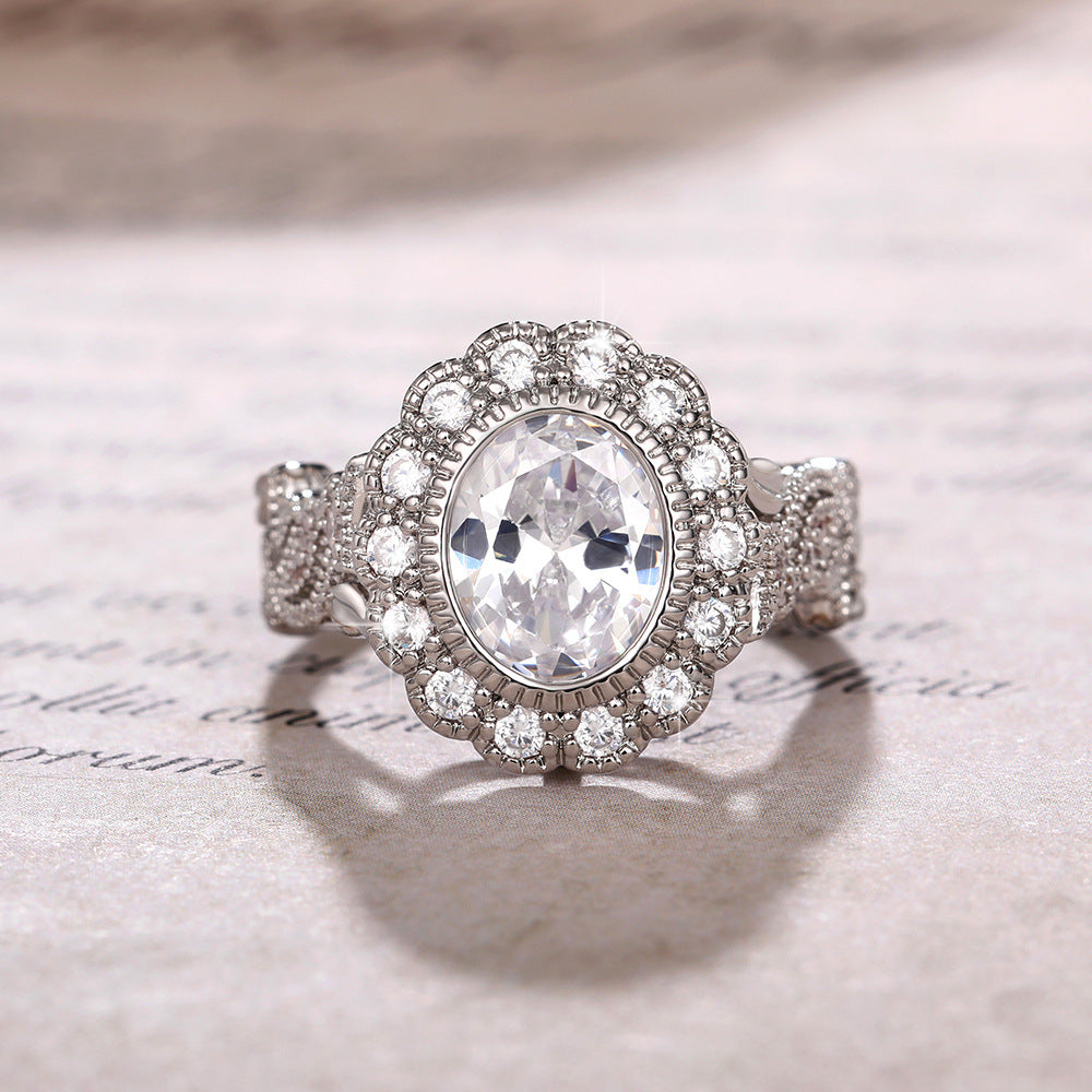 Full Diamond Copper Plating Round Diamond Zircon Ring Female European And American Luxury - Norellé