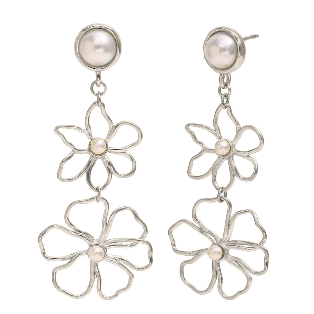 Stainless Steel Plated 18K Gold Line Flower Stud Earrings - Norellé