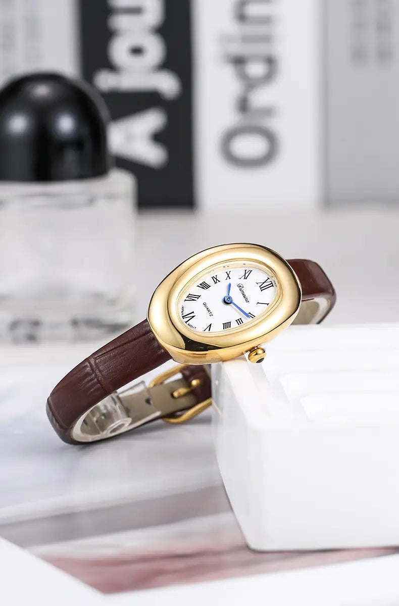 Women Quartz Watch Roman Numerals Vintage Simple Oval Clock Stainless Steel