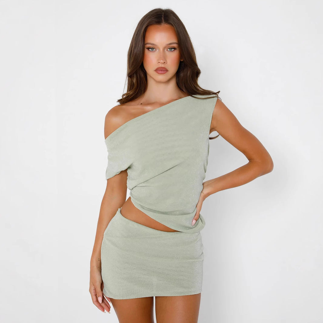 Woman Diagonal Collar T-shirt Skirt Suit - Norellé