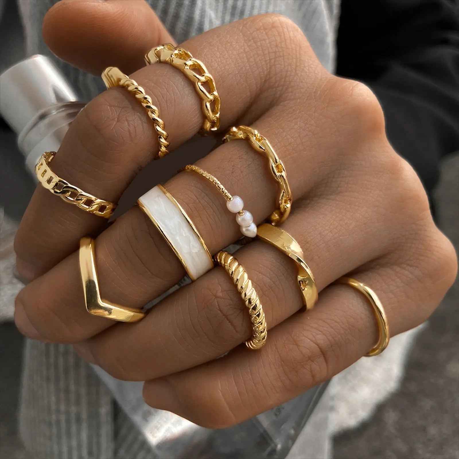 Retro  Pearl Knuckle Ring Butterfly Ring Suit 10-piece Set - Norellé