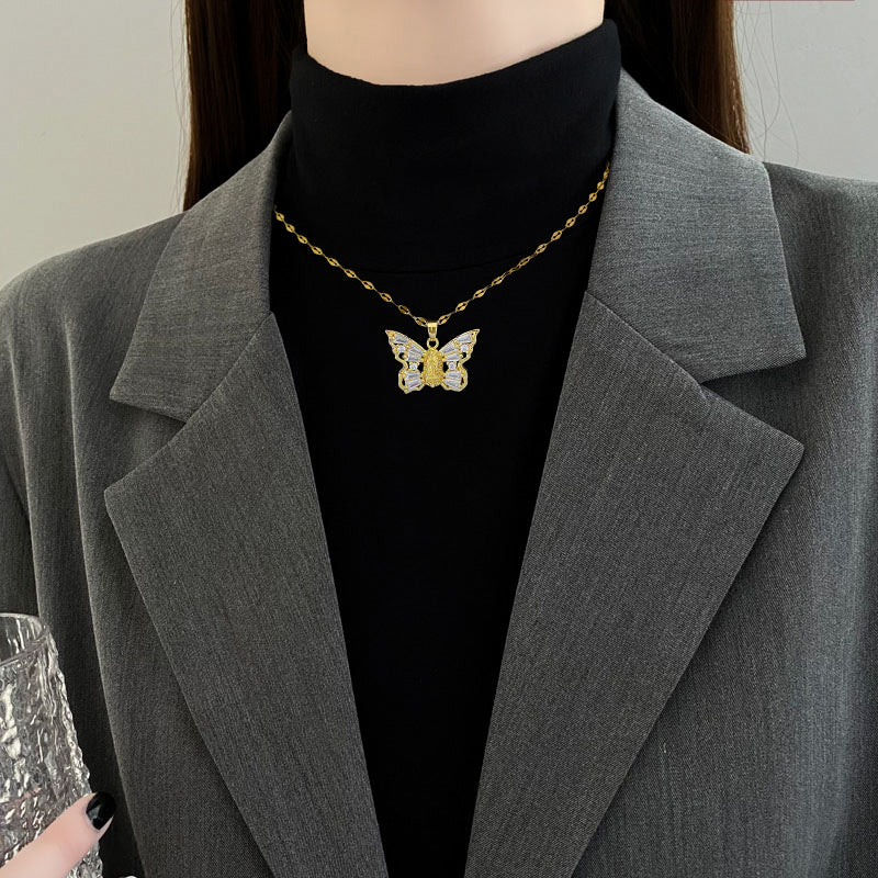 Titanium Steel Micro-inlaid Portrait Butterfly Zircon Necklace - Norellé
