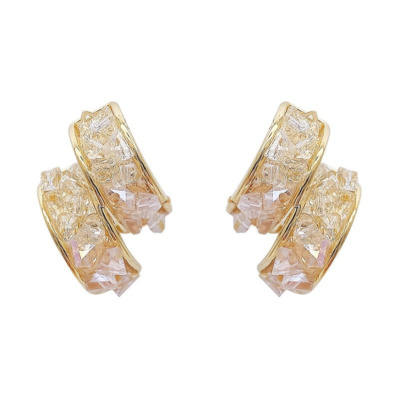 Sterling Silver Needle Glass Crystal Handmade C- Shaped Semi-curved Temperamental Minority Earrings - Norellé