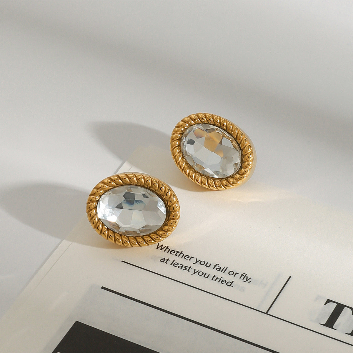 Design 18K Gold Stainless Steel Oval Glass Stone Earrings - Norellé