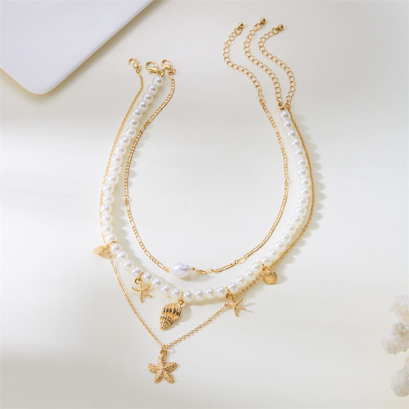 Summer Retro Vacation Style Beach Shell Artificial Pearl Conch Multi-layer Women’s Necklace