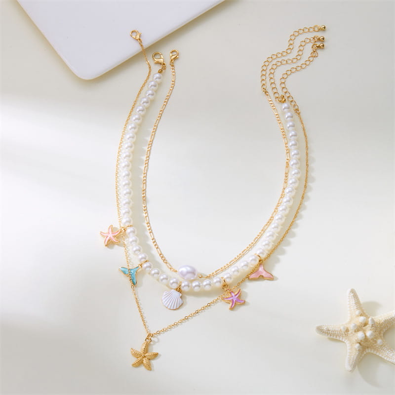 Summer Retro Vacation Style Beach Shell Artificial Pearl Conch Multi-layer Women’s Necklace