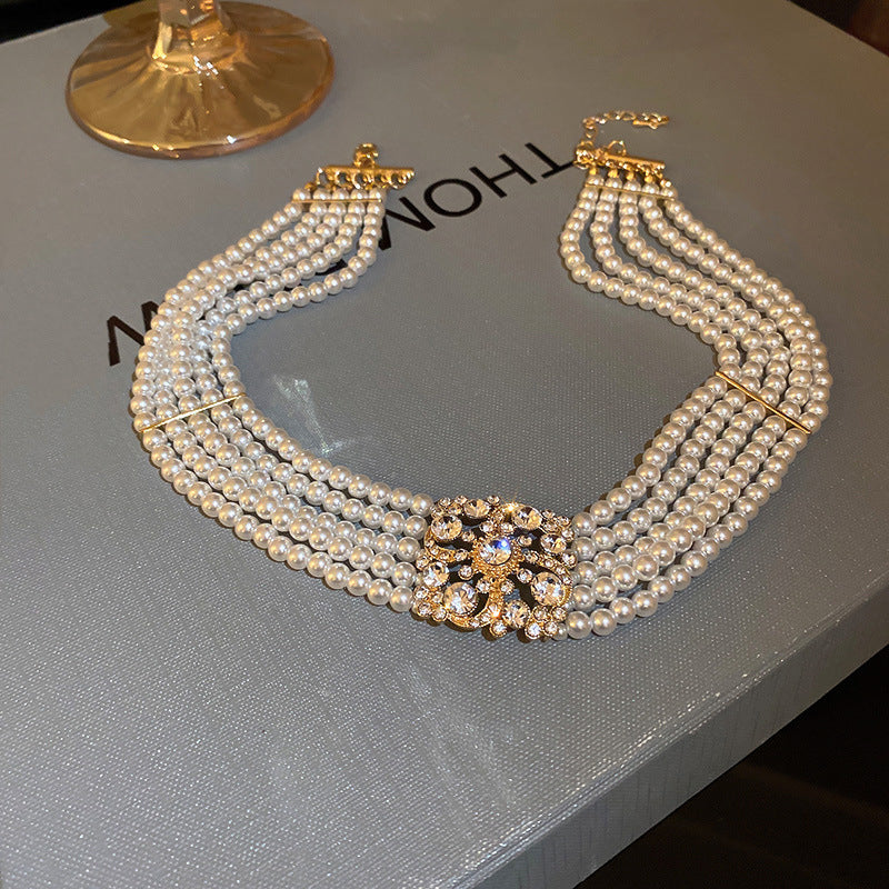 South Korea Diamond Studded Hollow Pearl Multi-layer Necklace Temperament - Norellé