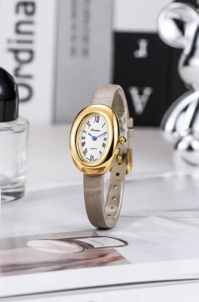 Women Quartz Watch Roman Numerals Vintage Simple Oval Clock Stainless Steel